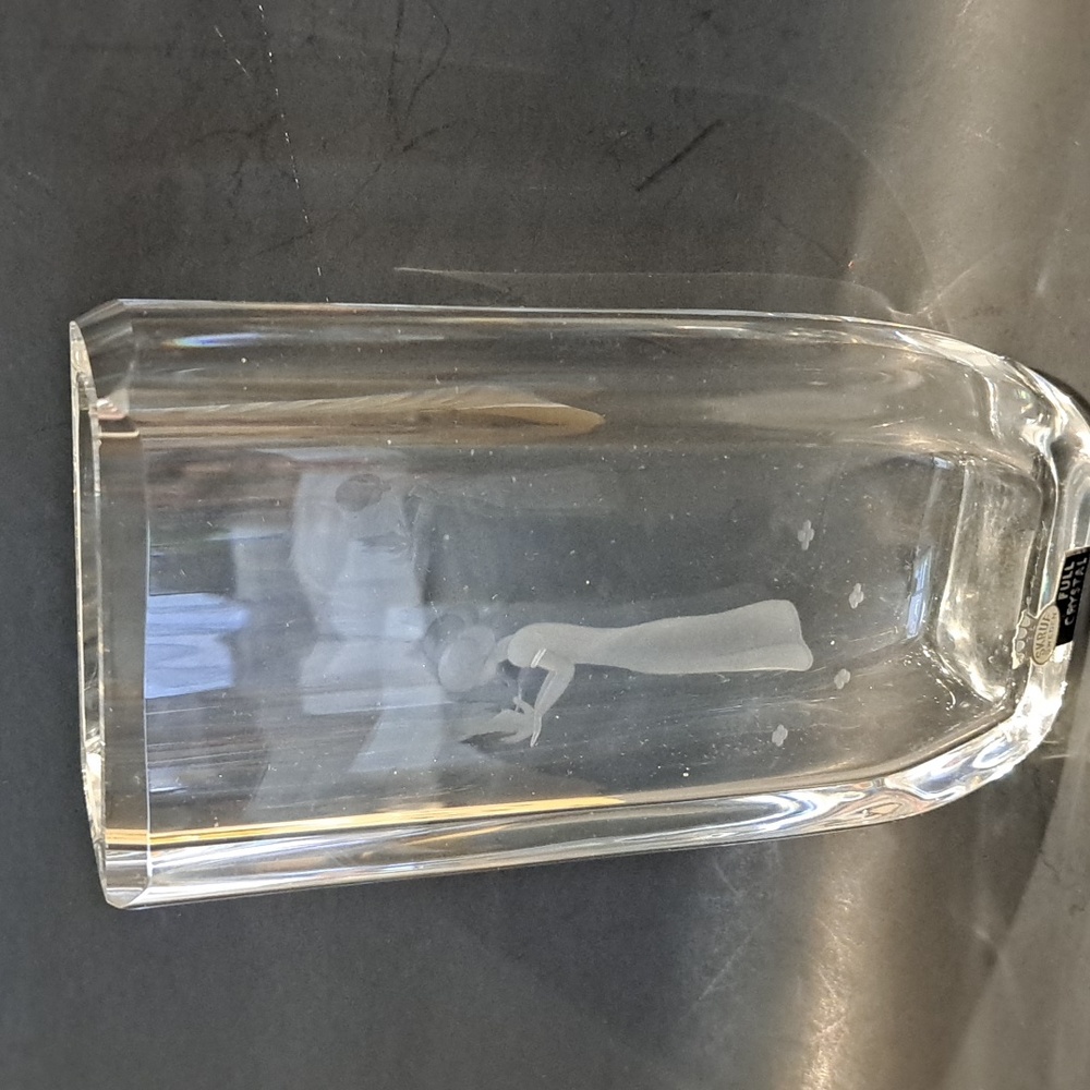 Skruf Crystal Vase with Young Girl & Bird or Dove. Signed